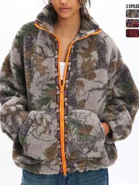 BDG Gray Camo Sherpa Jacket with Orange Zipper
